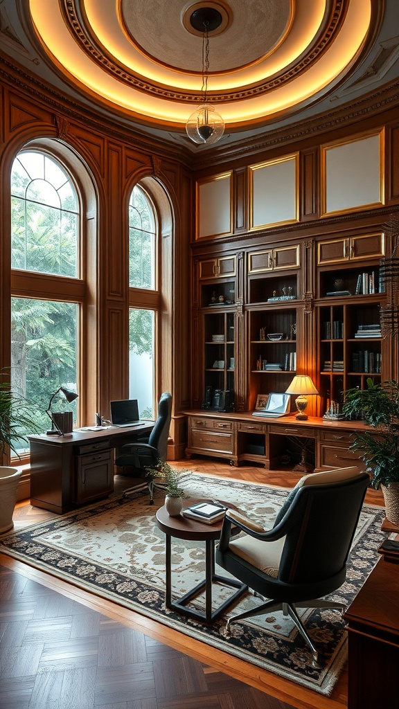A classic home office with wooden cabinetry, large arched windows, and elegant furnishings.