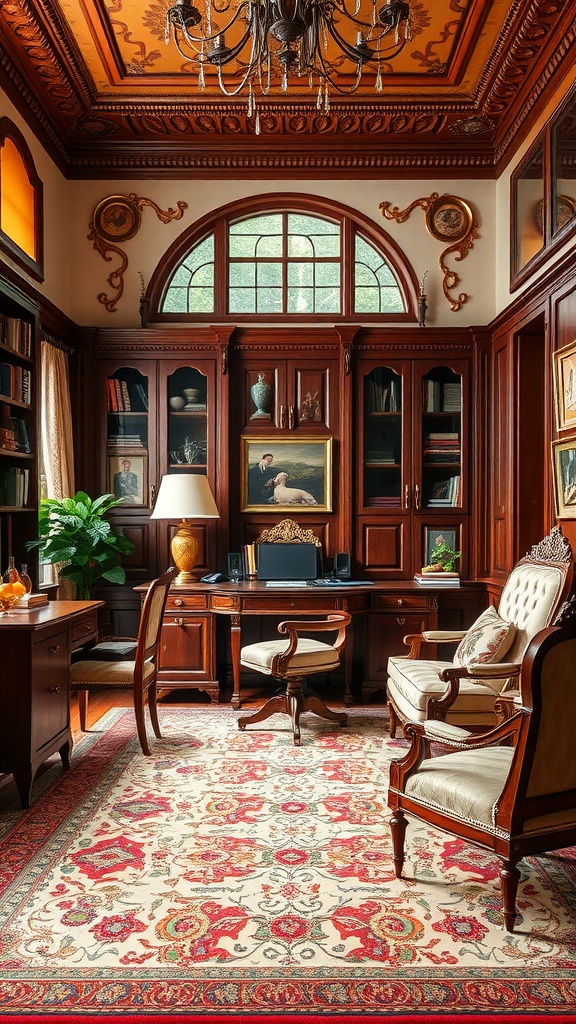 A classic elegant home office featuring rich wooden furniture, intricate ceiling designs, and a cozy atmosphere.