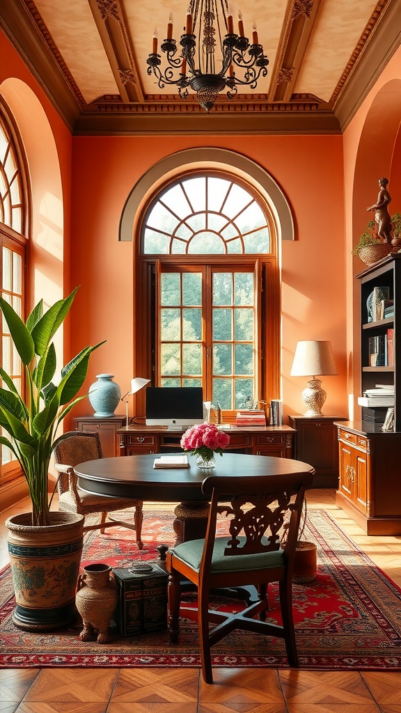 A classic Mediterranean-inspired home office featuring arched windows, warm colors, and elegant furniture.