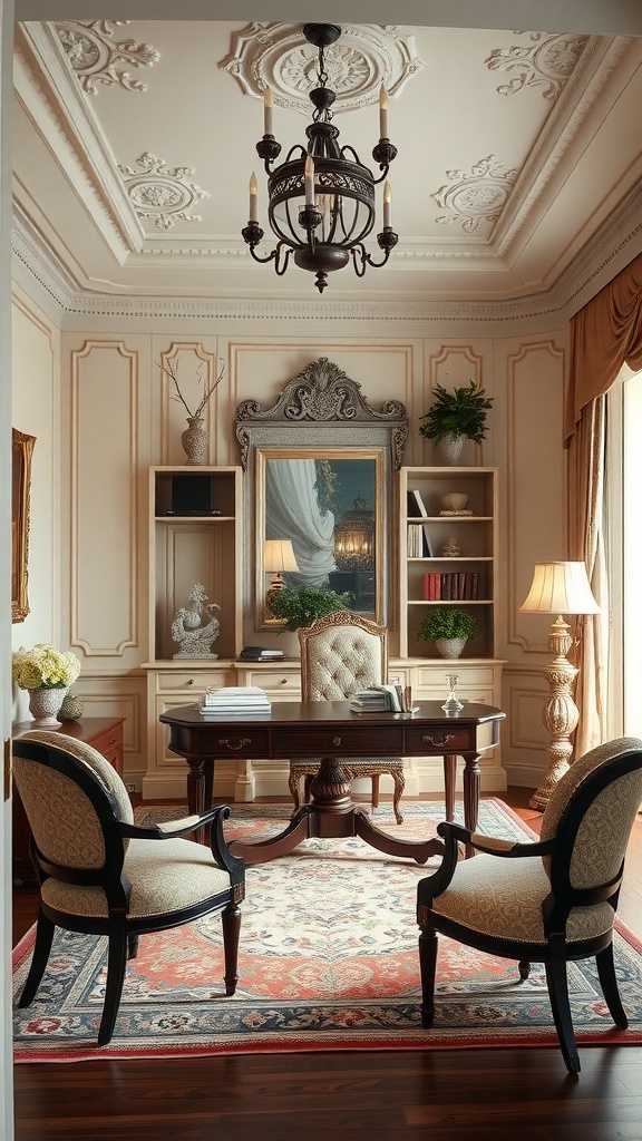 Elegant home office with classic decor featuring chandelier, artwork, and natural plants.