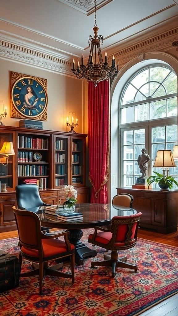 A classical home office with a chandelier, elegant furniture, and warm lighting.