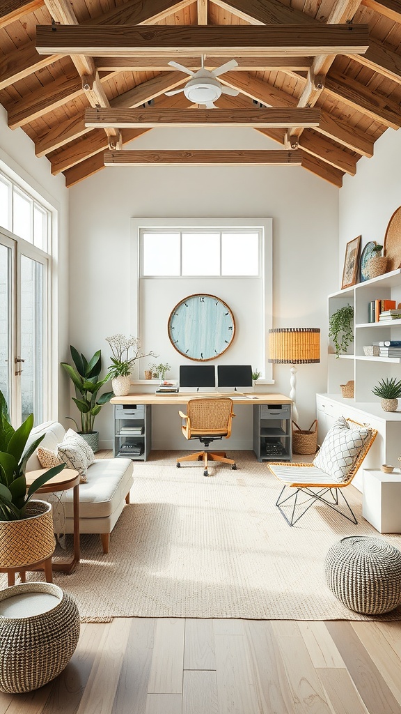 A spacious and bright home office with wooden beams, plants, and natural decor, embodying a coastal breeze style.