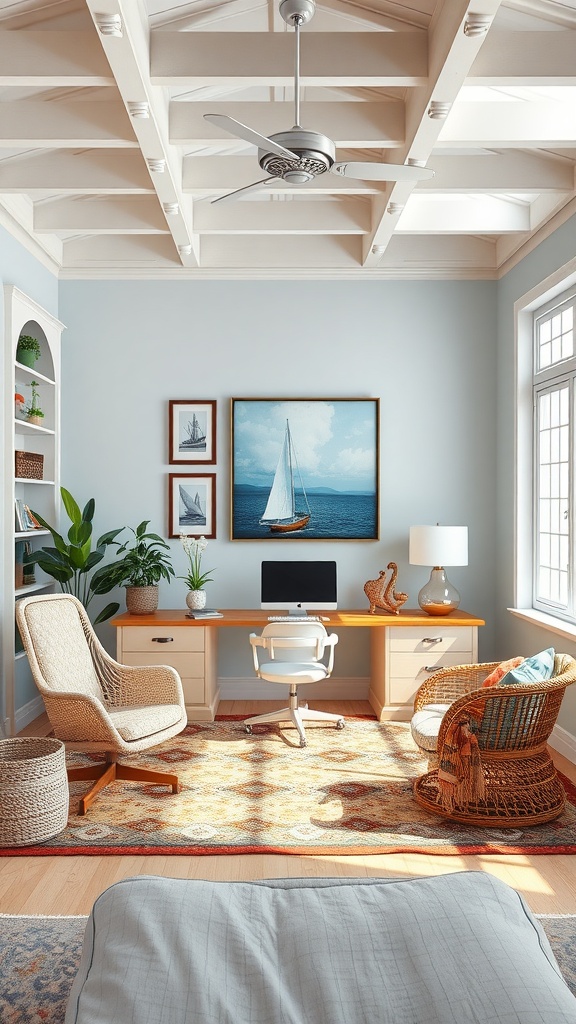 A bright and airy coastal home office with blue walls, wooden desk, and comfortable seating.