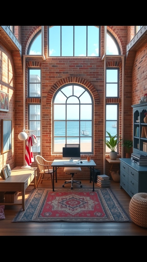 A coastal brick office featuring large windows with a sea view, a desk, and rustic decor.
