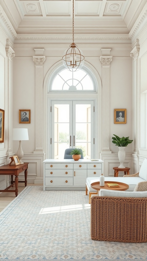 A bright and airy home office with coastal classical aesthetics featuring large windows, elegant architecture, and stylish decor.