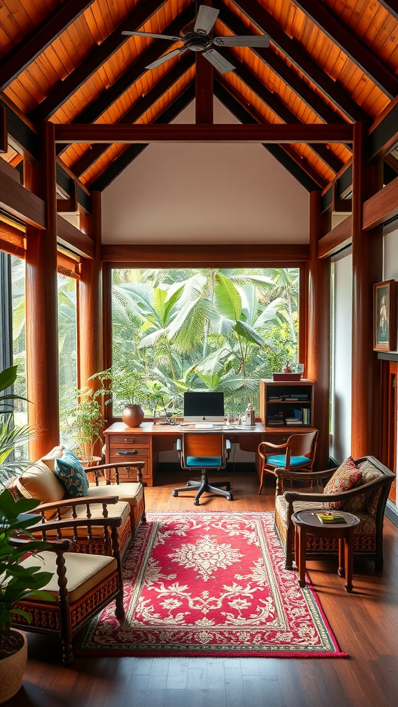 A cozy home office with a high wooden ceiling, large windows, and traditional furniture, reflecting coastal Kerala influence.