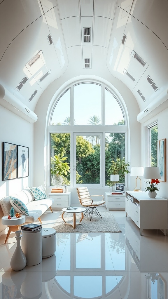 A bright and airy home office with large windows, modern furniture, and a cozy atmosphere.
