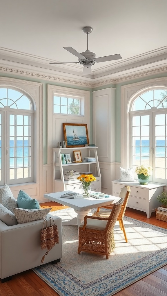 A bright and airy home office with coastal vibes, featuring large windows, a white sofa, and a view of the ocean.