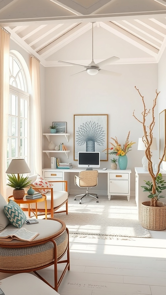 A bright and airy coastal home office with natural light, high ceilings, and stylish furniture.