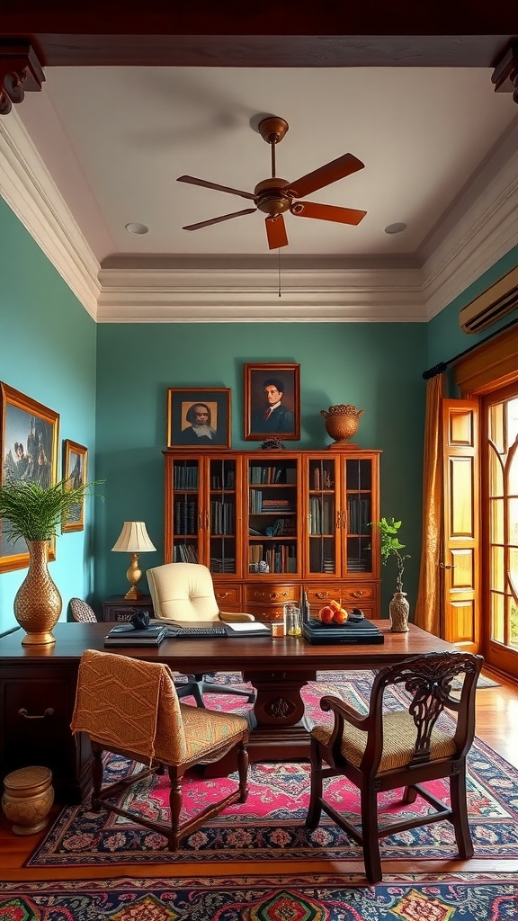 A colonial-style home office featuring wooden furniture, teal walls, and decorative portraits.