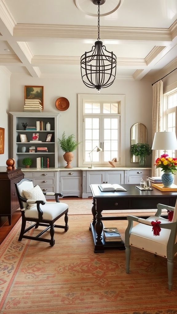 A bright home office featuring yellow walls, classic furniture, and a patterned rug.