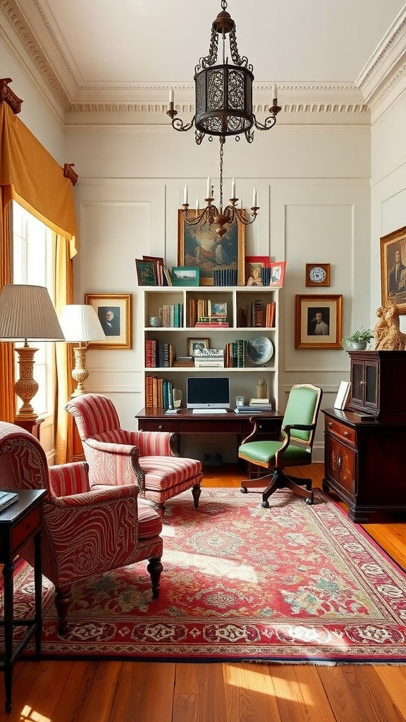 A Colonial Revival home office featuring striped armchairs, a wooden desk, and a chandelier, showcasing classical architecture elements.