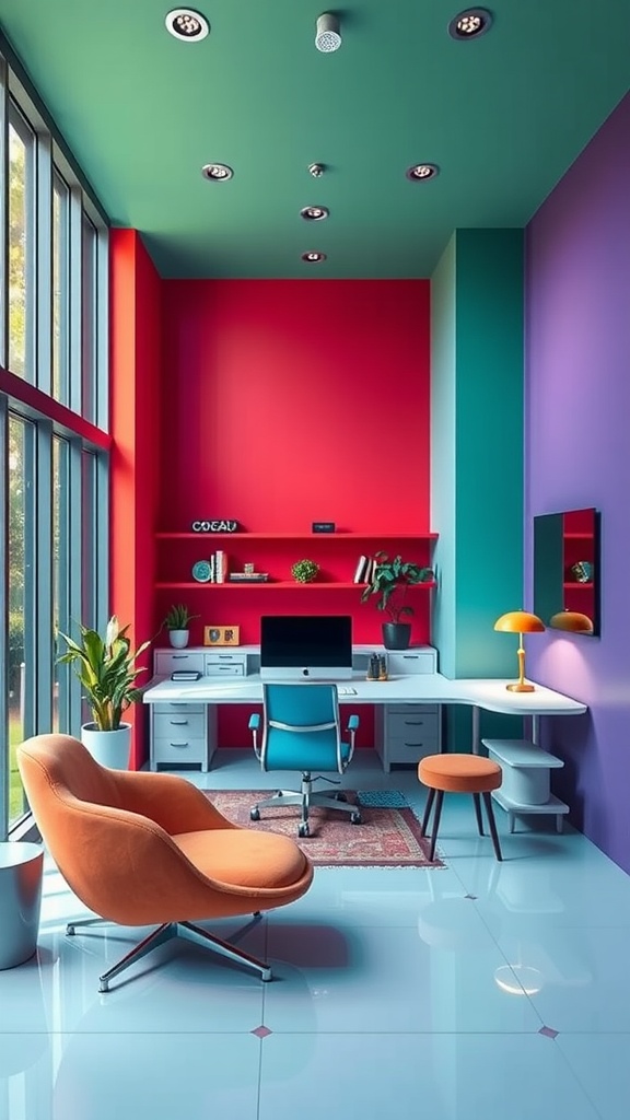 A colorful home office featuring teal, red, and purple color-blocked walls, modern furniture, and plenty of natural light.