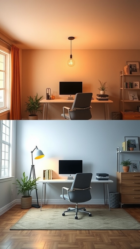 A cozy home office with warm lighting, featuring a desk, chair, and plants, creating a welcoming atmosphere.