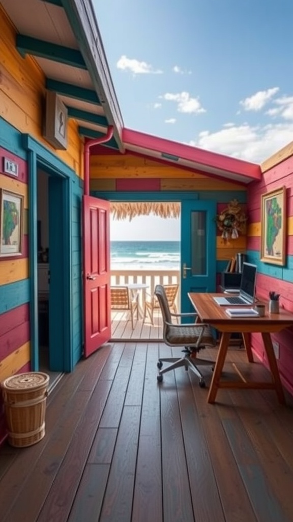 A colorful beach shack office with a pink ceiling, desk, and ocean view.