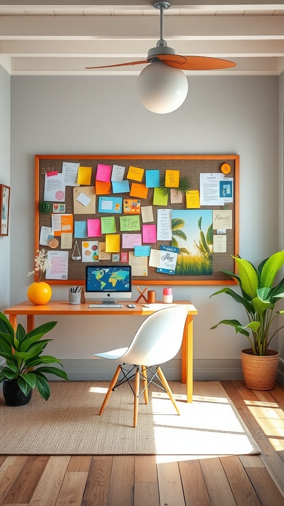 A bright home office featuring a colorful bulletin board filled with sticky notes and papers, a desk with a computer, and indoor plants.