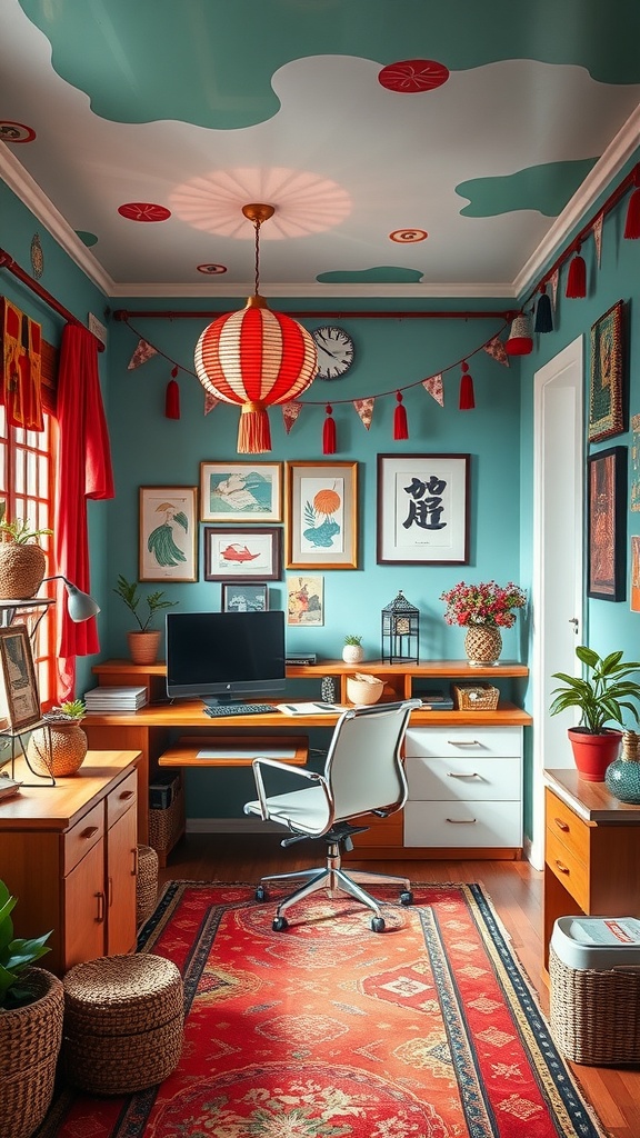 A colorful home office inspired by Matsuri, featuring red lanterns, playful decor, and traditional Japanese elements.