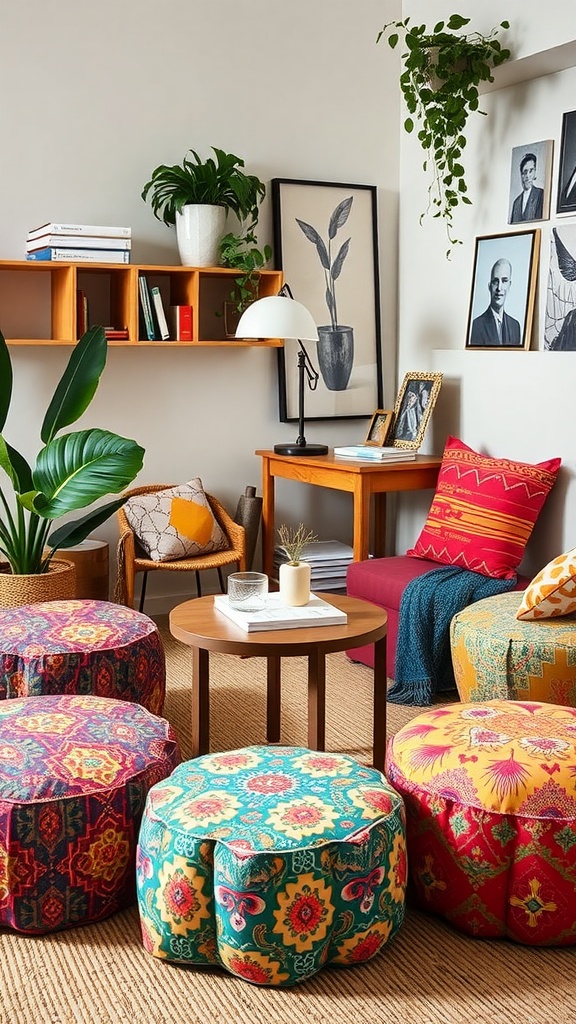 A cozy boho office featuring colorful poufs arranged around a coffee table, surrounded by plants and art.