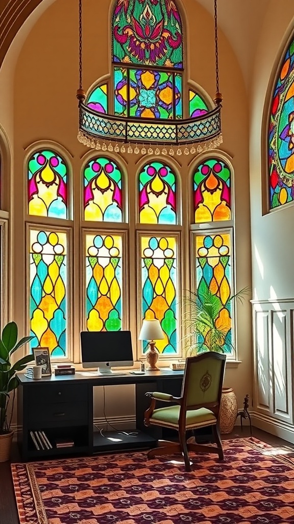 A home office featuring colorful stained glass windows, a desk with a computer, and a cozy chair.
