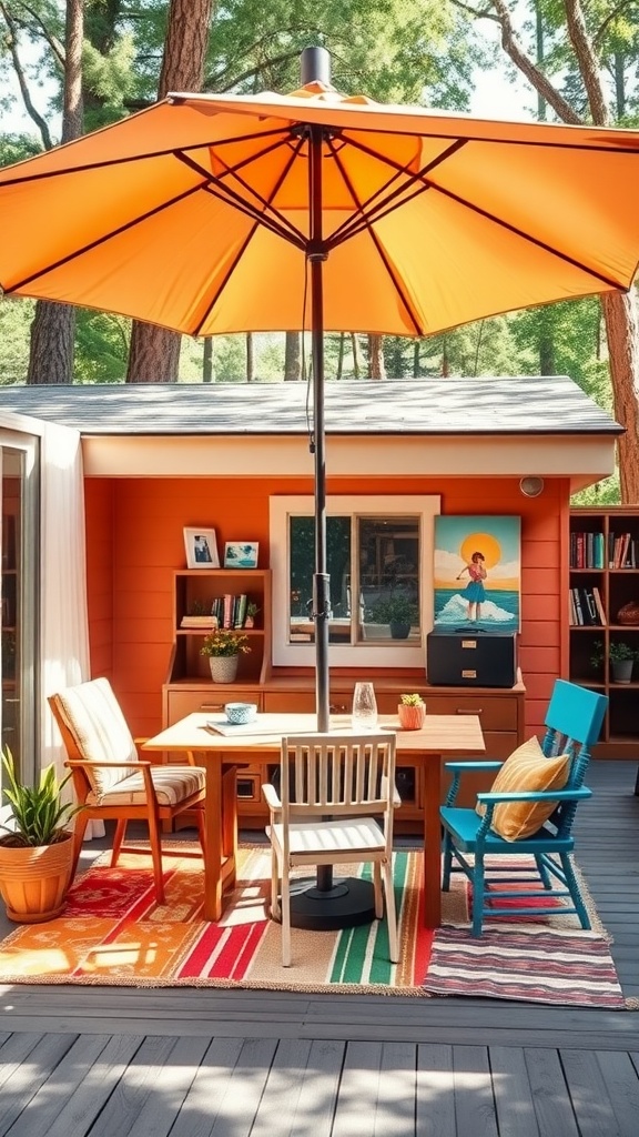 A colorful outdoor workspace featuring a large orange umbrella over a wooden table with chairs, surrounded by greenery.