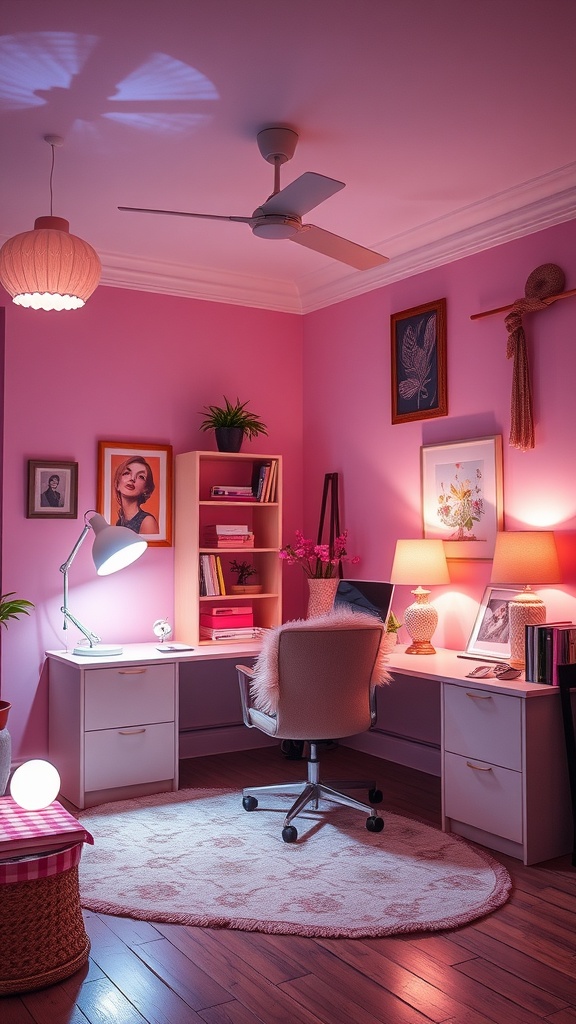 A cozy home office with pink walls, a desk lamp, a pendant light, and a comfortable chair.