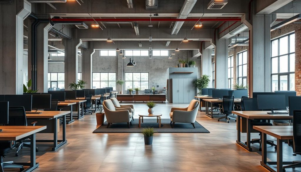 comfortable metal and concrete office design