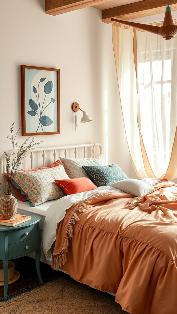A cozy summer bedroom featuring a ruffled peach duvet, colorful pillows, and sheer curtains, creating a bright and inviting atmosphere.