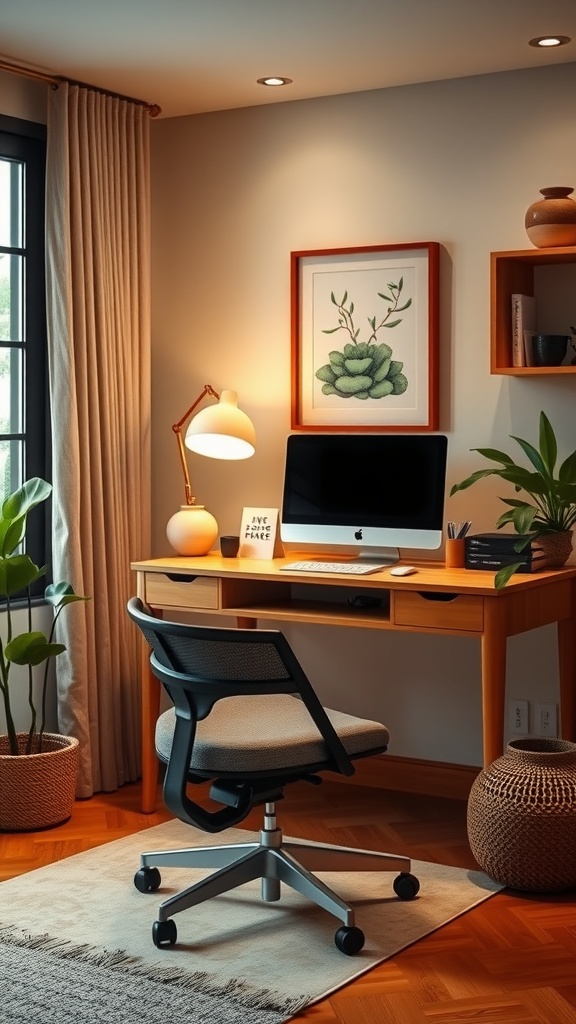 A comfortable ergonomic chair in a cozy home office setup with plants and warm lighting.