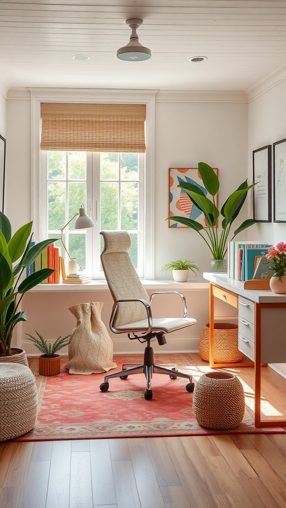 A stylish and comfortable office chair in a bright home office with plants and a cozy rug.