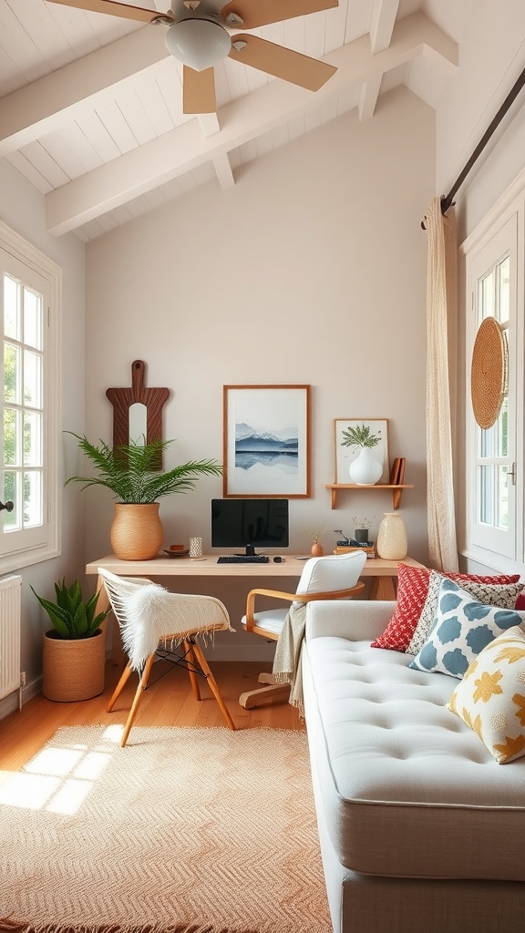 A cozy home office with a light and airy feel, featuring a neutral sofa, colorful throw pillows, a wooden desk, and plants.