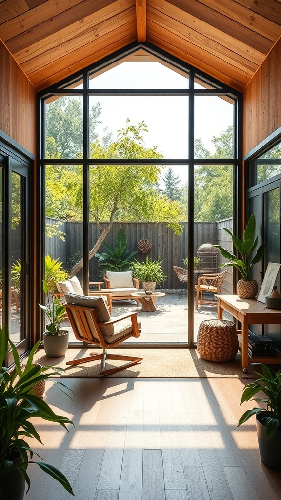A bright home office with large windows, wooden beams, and plants, showcasing a connection to nature.