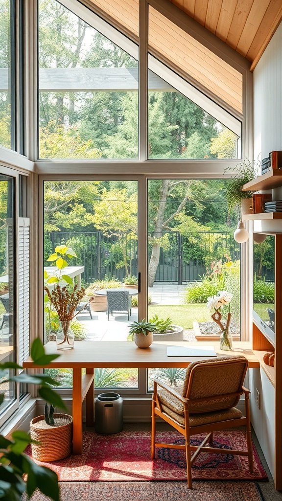 A bright home office with large windows overlooking a garden, featuring a wooden desk and cozy chair.