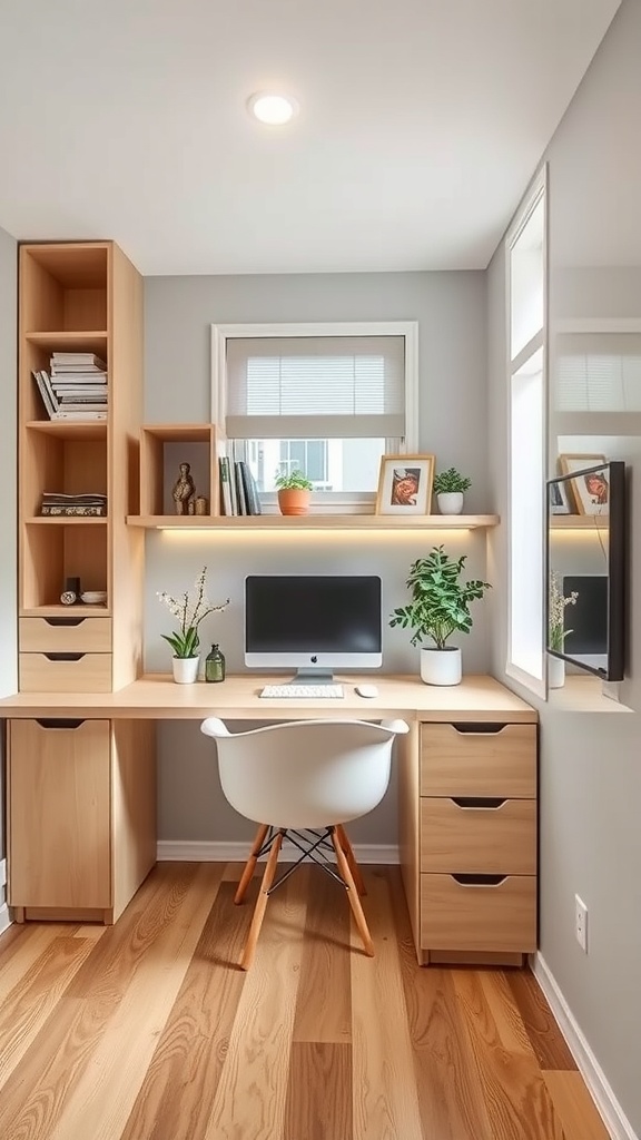 A bright and modern compact urban workspace featuring a desk, chair, bookshelves, and plants.