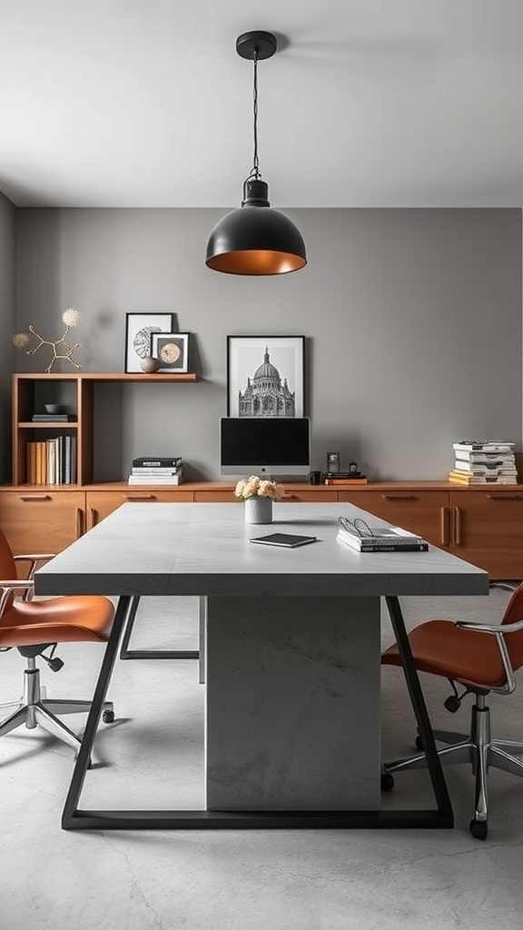 A modern concrete and metal home office featuring a large concrete desk, black chair, and dark shelving unit.