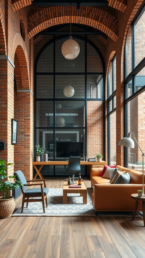 A contemporary home office featuring rustic brick walls, large windows, and modern furniture.
