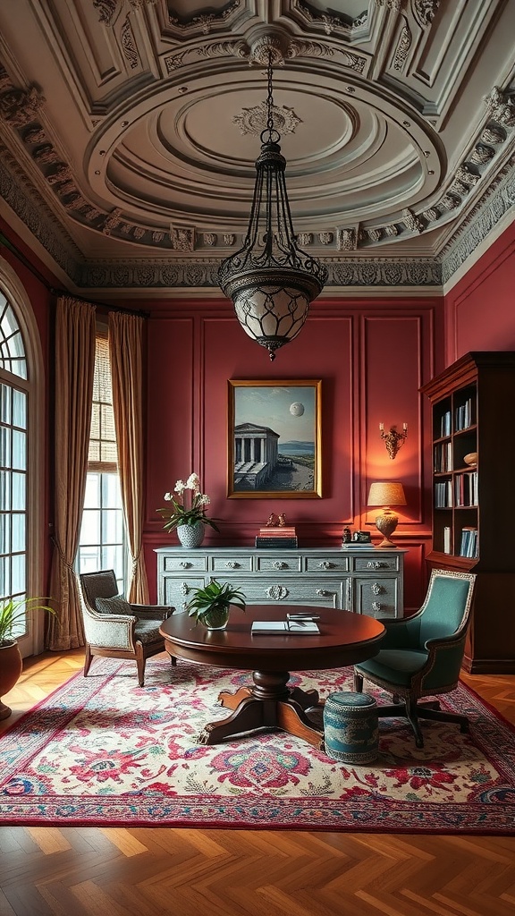 A beautifully designed home office featuring a classic ceiling, elegant furniture, and warm colors.