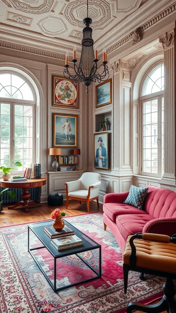 A beautifully designed home office featuring classical architecture elements, modern furniture, and elegant decor.