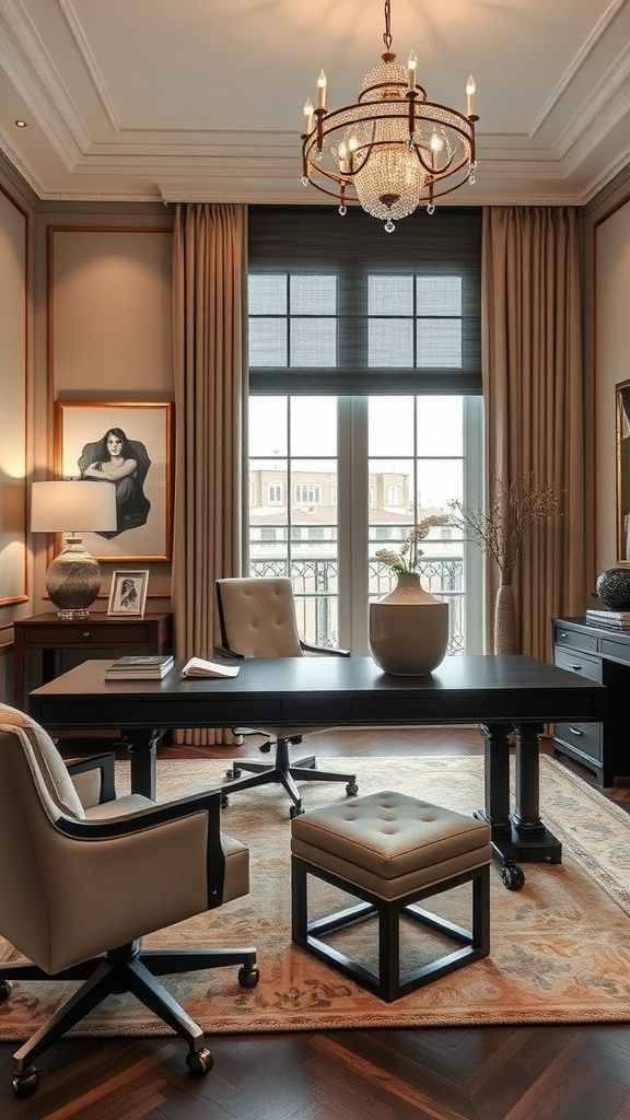 A modern home office with large windows, natural decor, and elegant furniture.