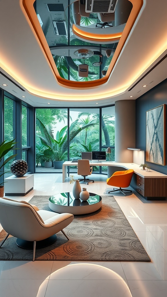 A contemporary home office with large windows, sleek furniture, and soft lighting