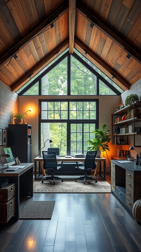 A bright and modern home office with a wood ceiling and large windows