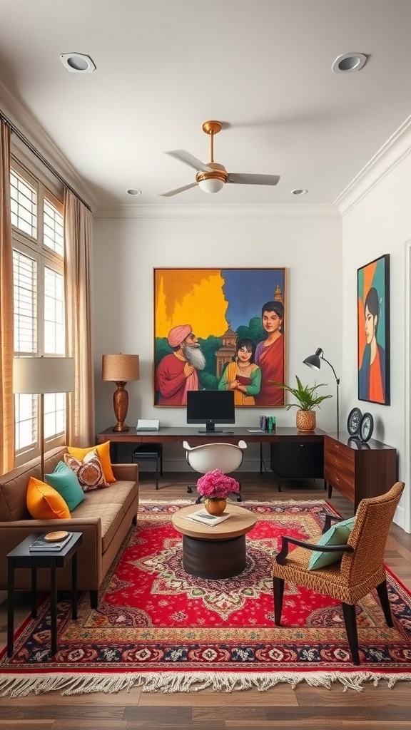 A contemporary home office featuring a cozy sofa, vibrant artwork, and a stylish desk setup.