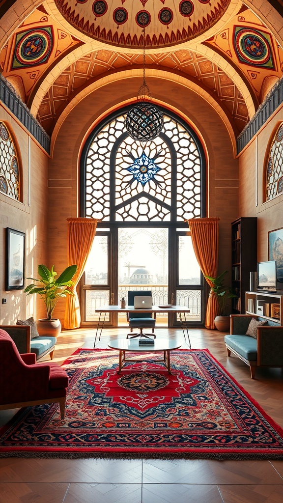 A contemporary home office featuring Islamic architectural elements, with a high ceiling, stained glass windows, and a stylish desk.