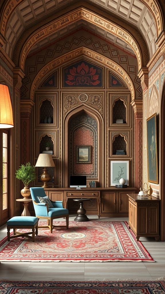 A contemporary home office featuring Mughal architecture motifs with intricate ceiling designs and modern furniture.