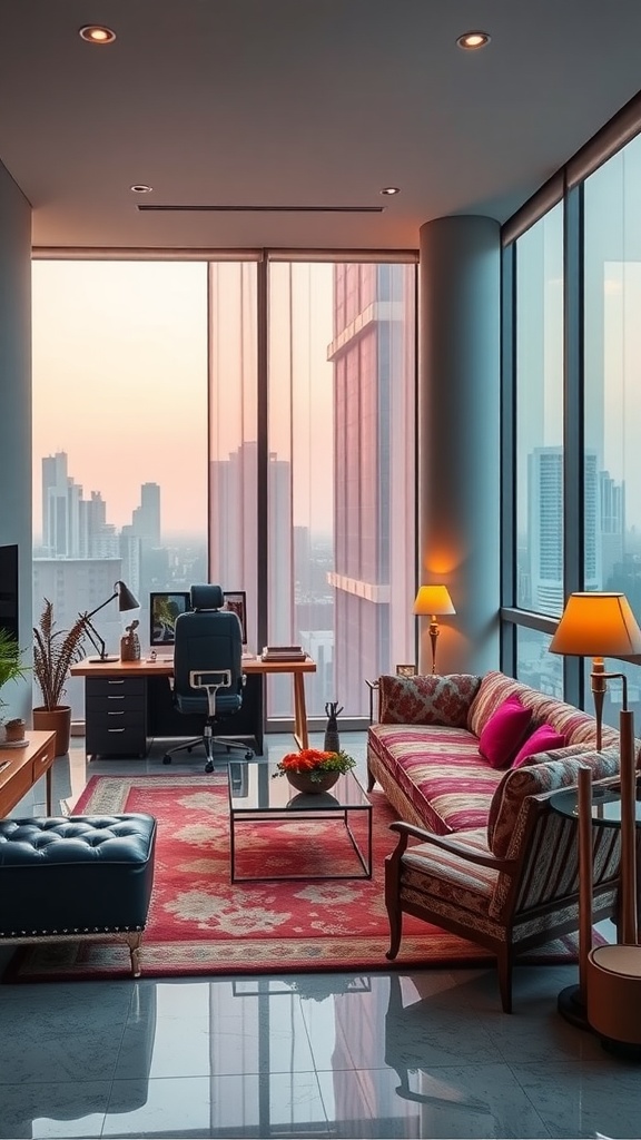 A modern home office with large glass windows showing a city skyline, featuring stylish furniture and a vibrant rug.