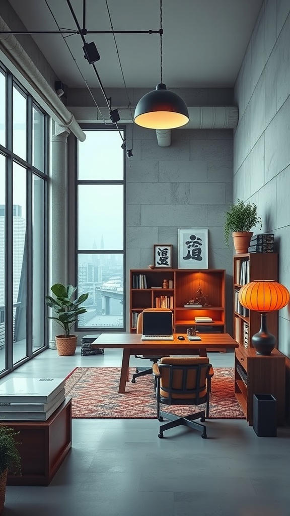 A contemporary urban loft home office with large windows, wooden furniture, and stylish decor.