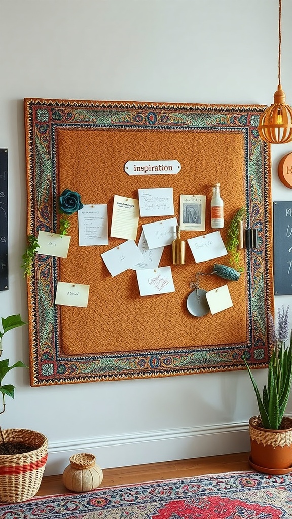 A cork board with various notes and a creative title in a boho office setting.