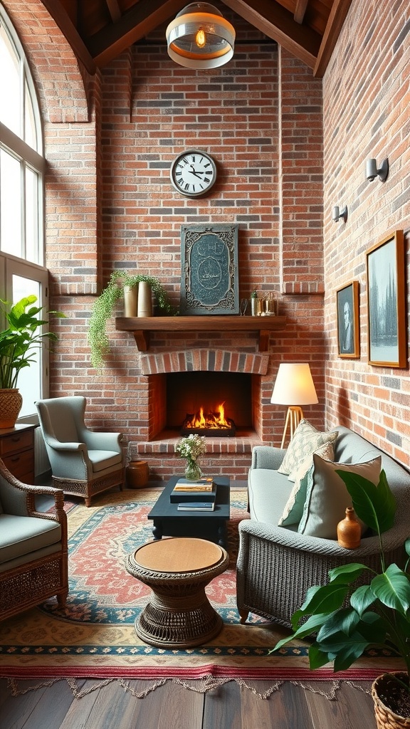 Cozy cottage-style interior with red brick walls, a fireplace, and comfortable seating.