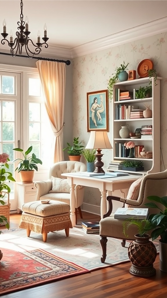 A cozy home office with floral wallpaper, a comfortable armchair, and a desk, featuring plants and warm lighting.