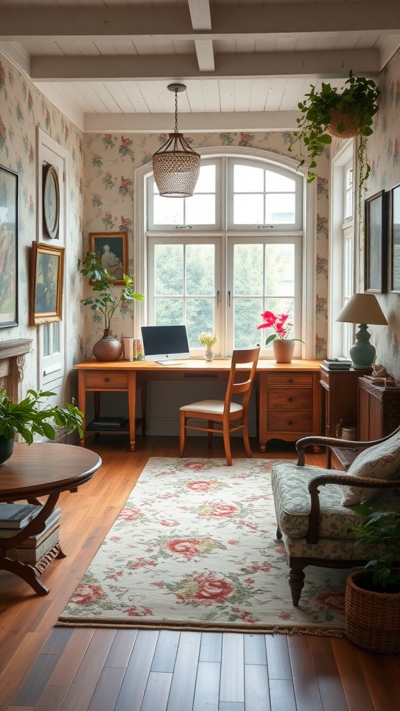 A cozy cottage-style home office with floral wallpaper, wooden furniture, and plants, creating an inviting atmosphere.