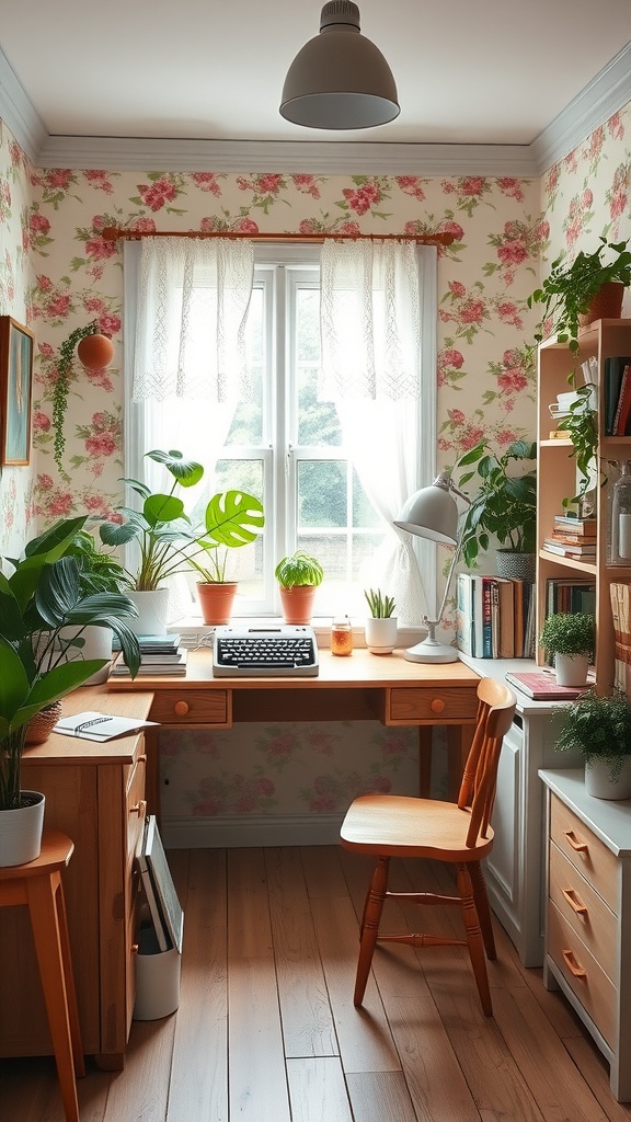 A cozy cottagecore-inspired home office with floral wallpaper, a wooden desk, plants, and natural light.